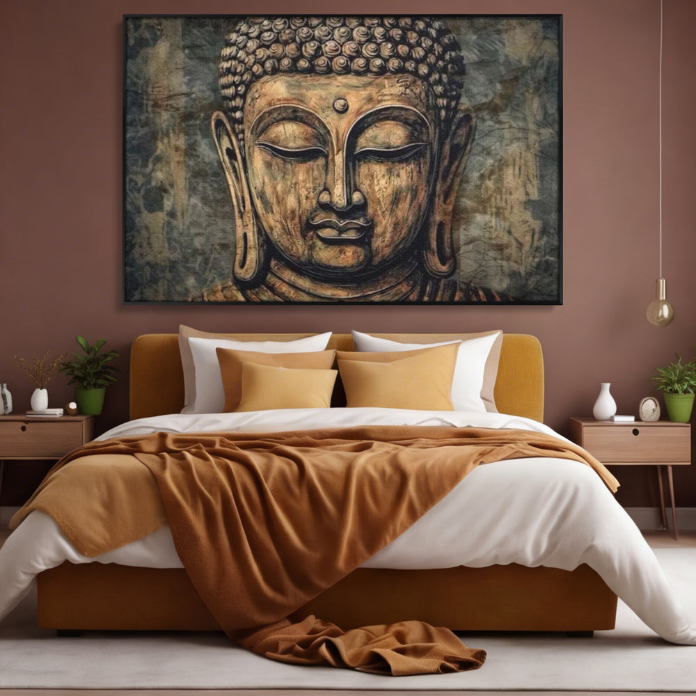 Tablou canvas cu tablou canvas cu capul lui buddha, in rama de aluminiu negru, pe perete intr-un dormitor